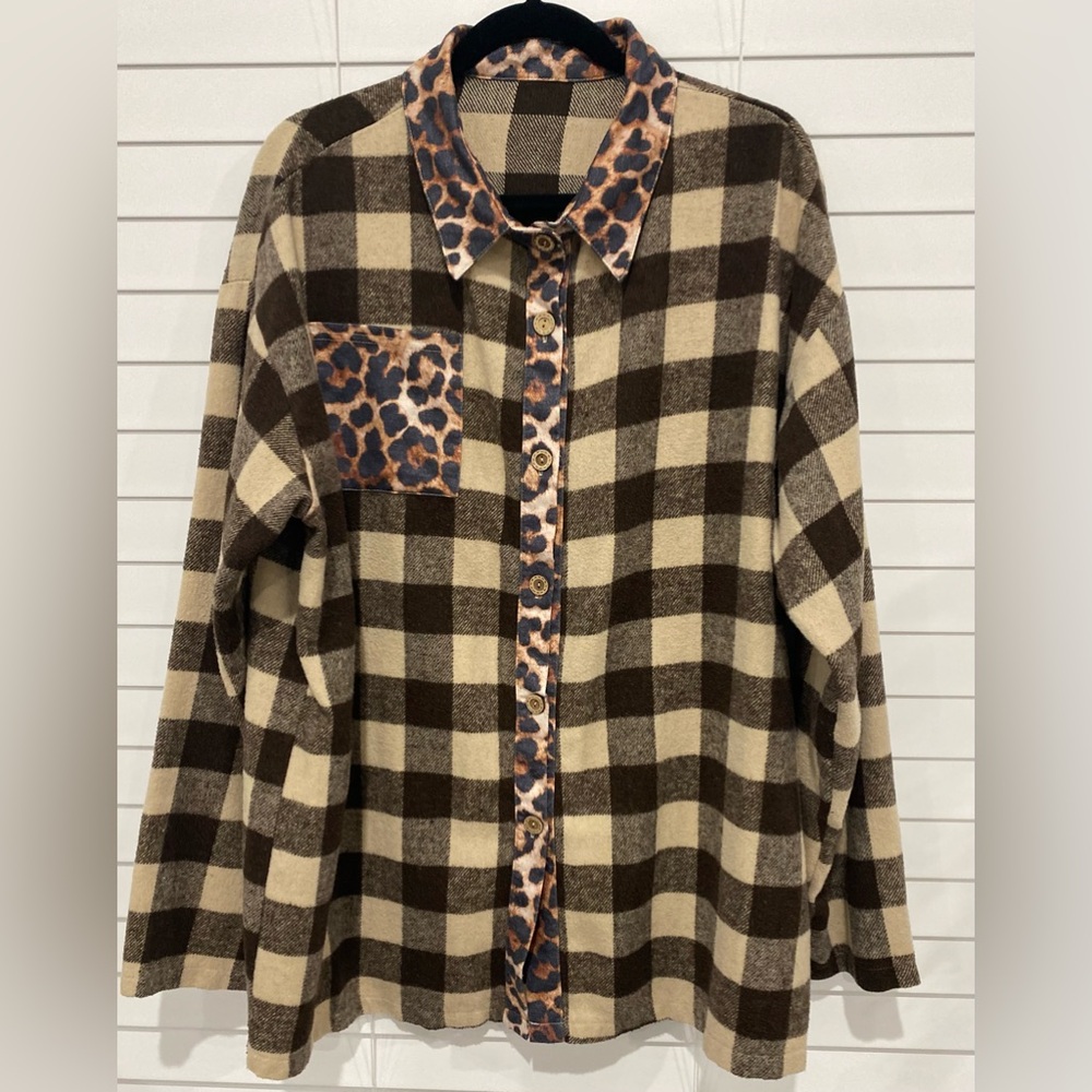 Brown Check Leopard Button Long Sleeve Flannel-Like Plus Size Shirt Shacket 2X
